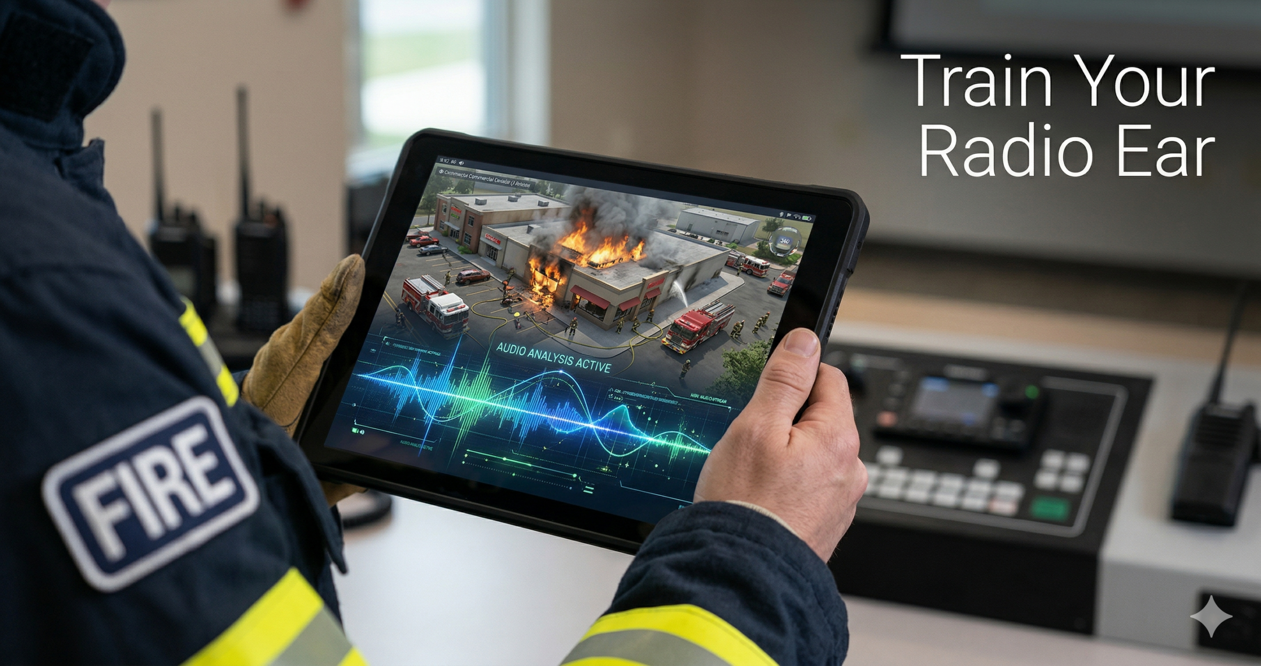 Firefighter using AI incident command simulator for promotional exam prep.